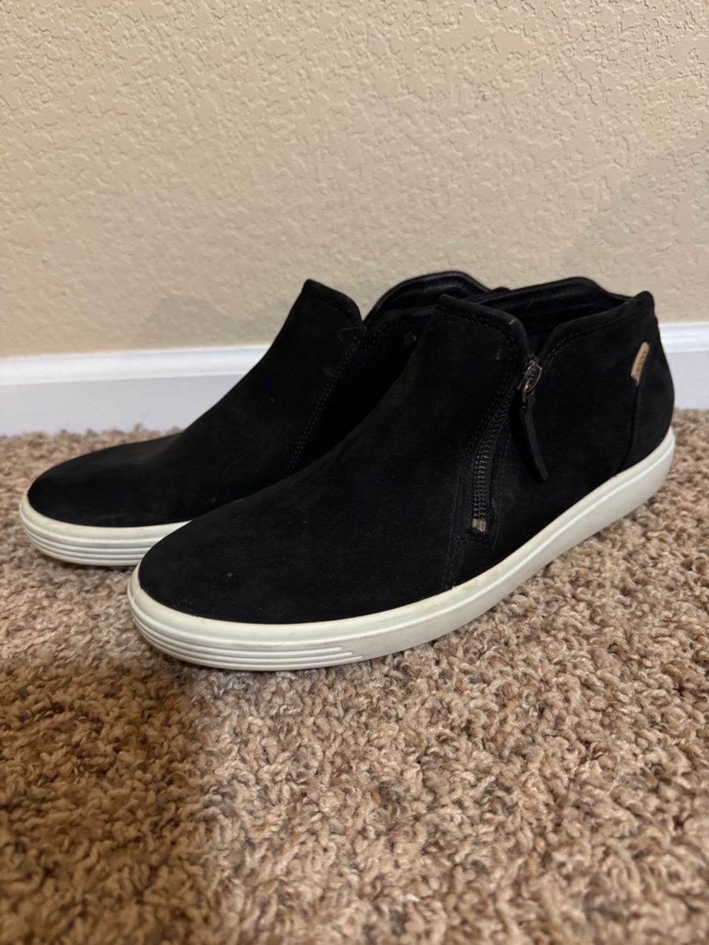 Ecco Black Suede Ankle Booties with White Soles